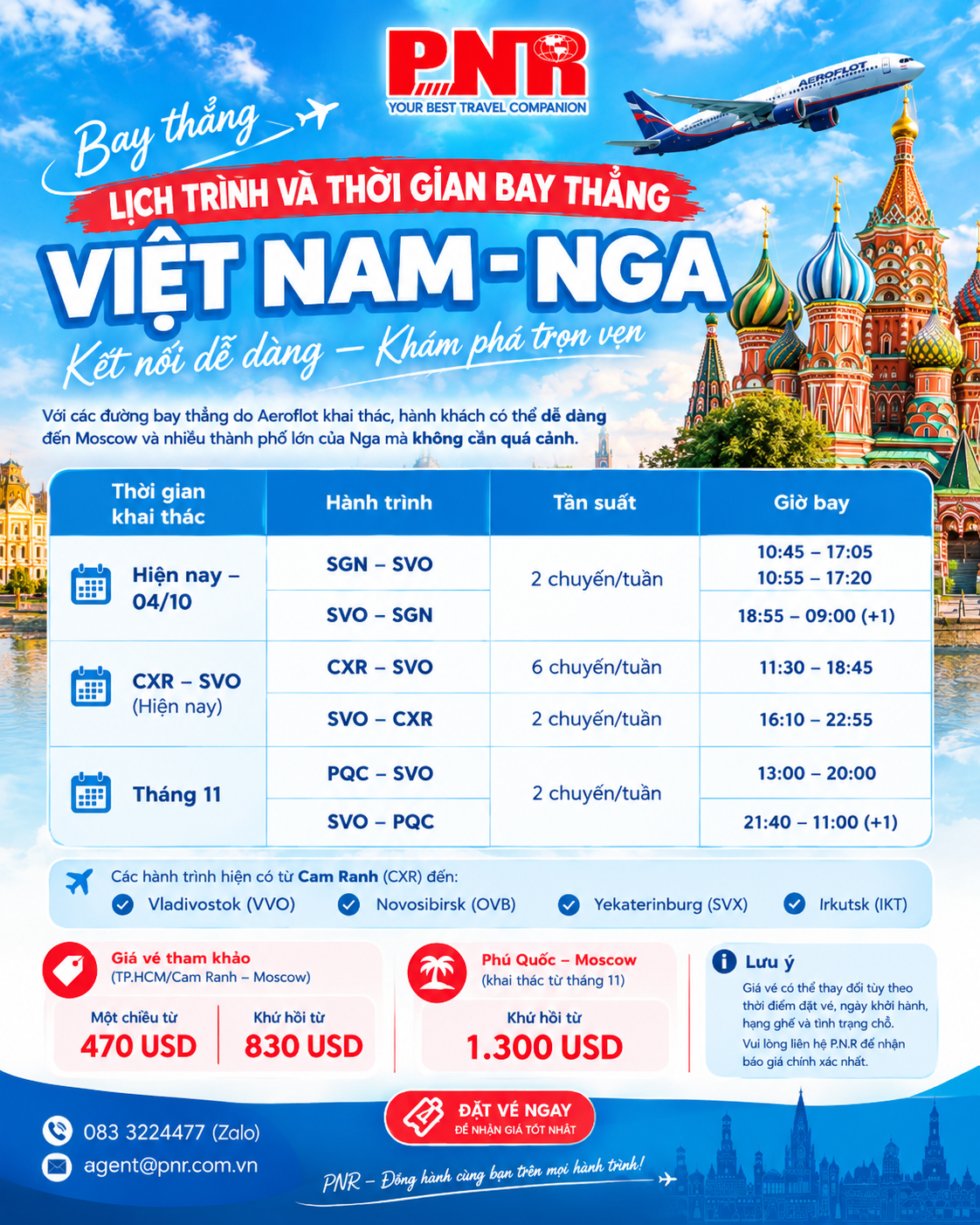 Giá vé máy bay đi Nga đường bay thẳng từ Việt Nam